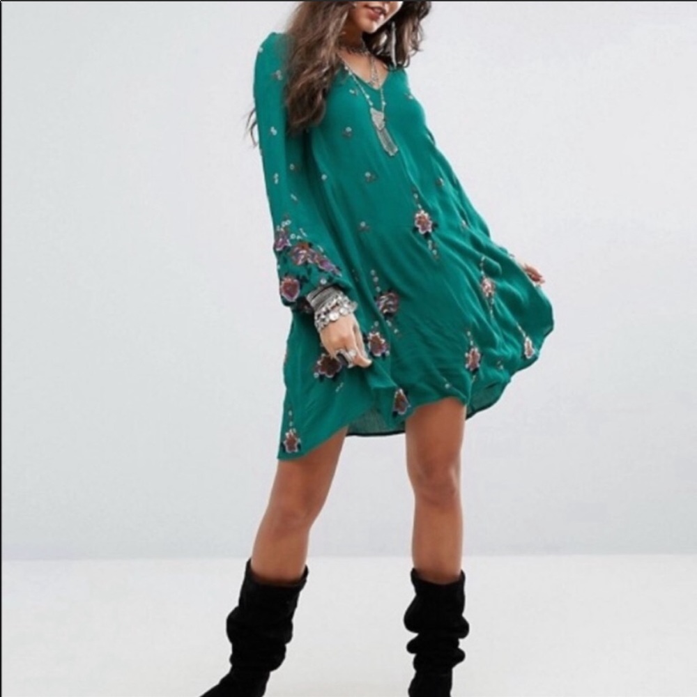 Free People Oxford Green Embroidered Dress